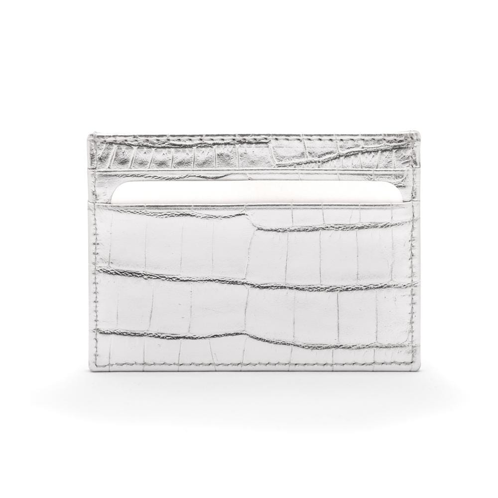 Flat leather credit card wallet 4 CC, silver croc, front