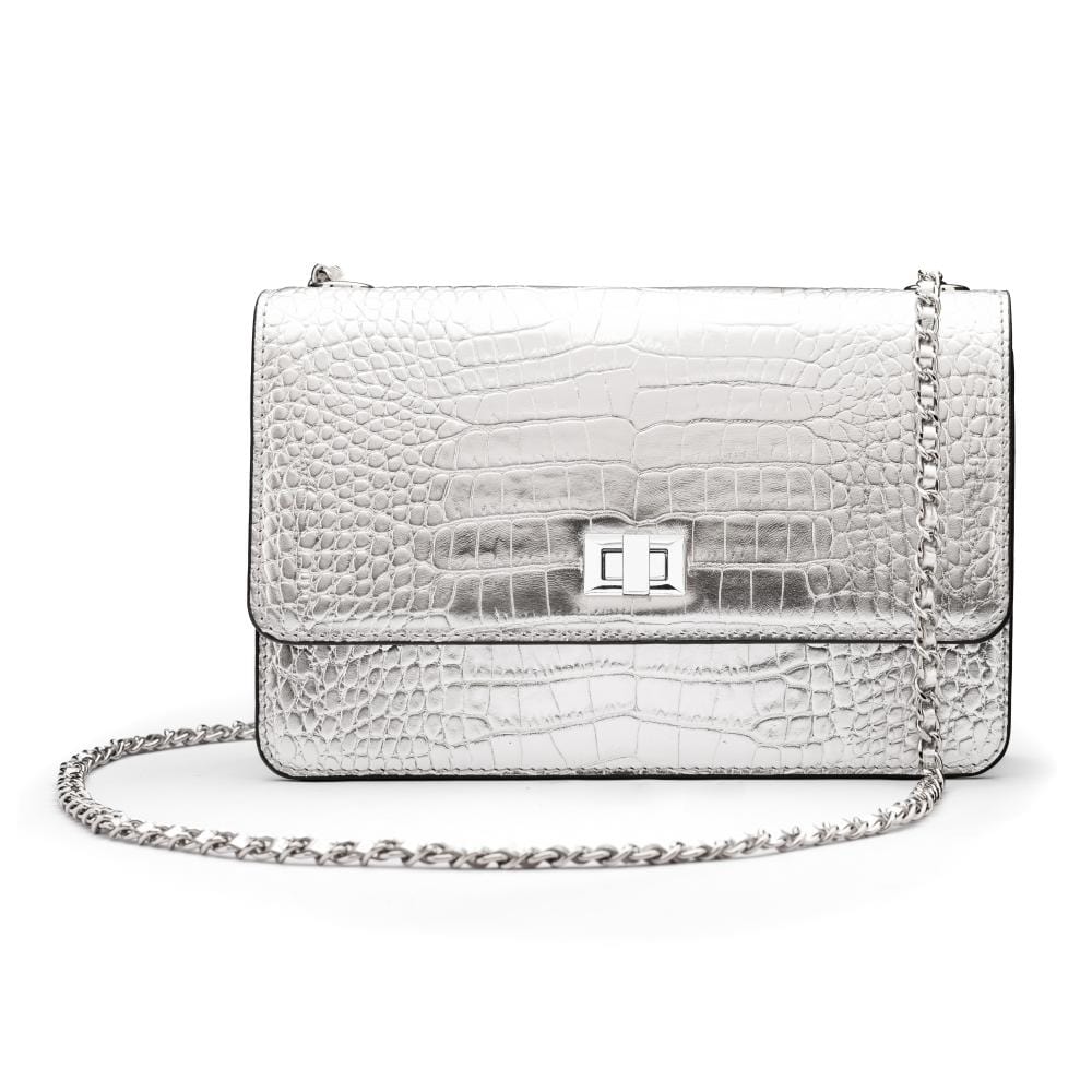 Leather chain bag, silver croc, front