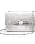 Leather chain bag, silver croc, front