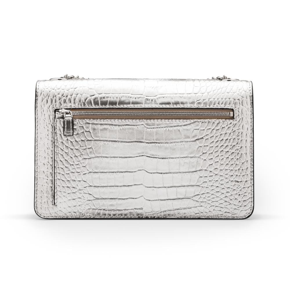 Leather chain bag, silver croc, back