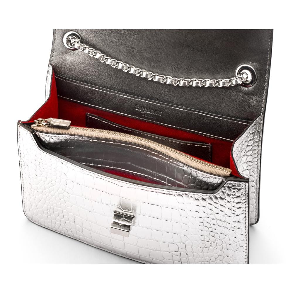 Leather chain bag, silver croc, inside