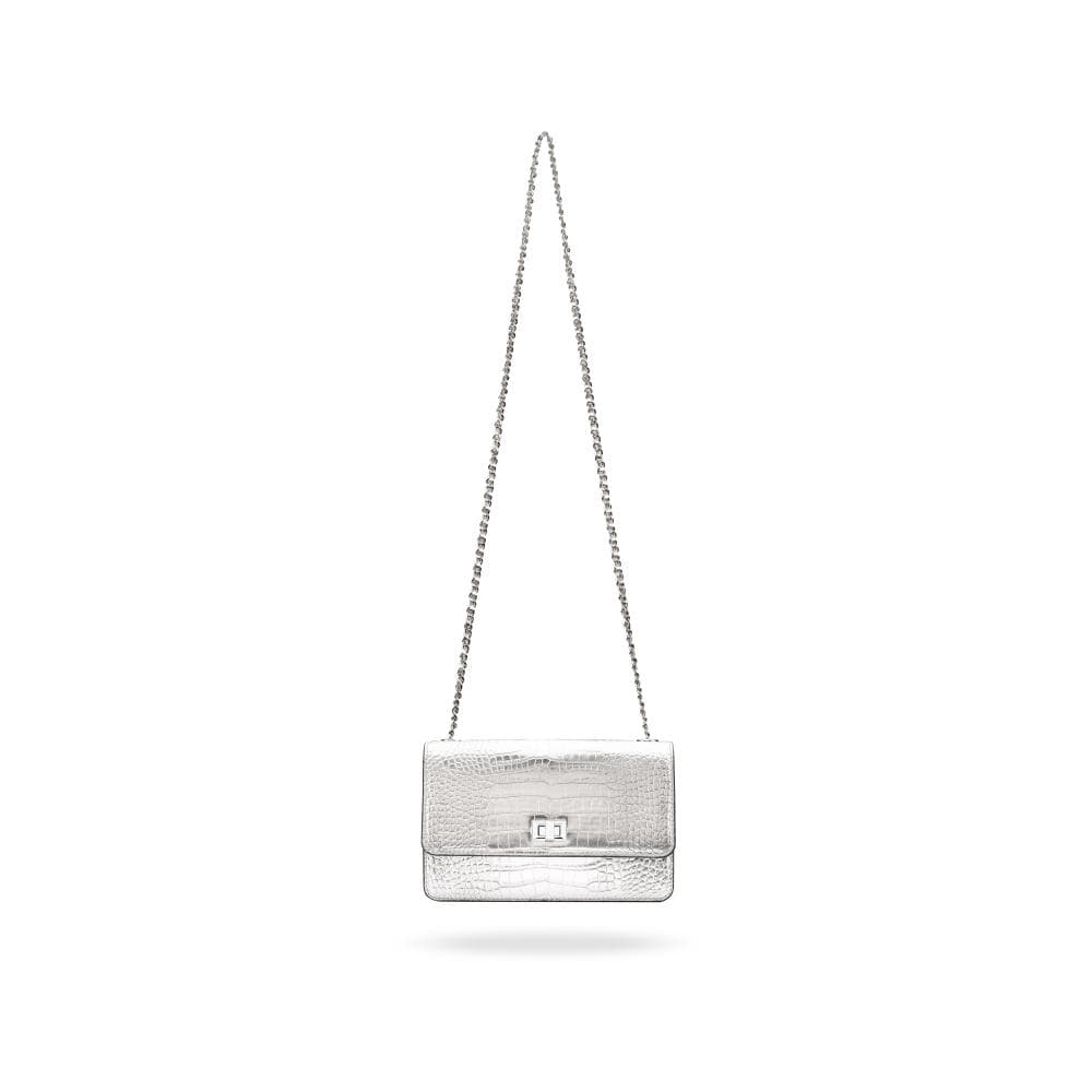 Leather chain bag, silver croc, with chain strap