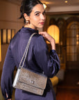Leather chain bag, silver croc, lifestyle