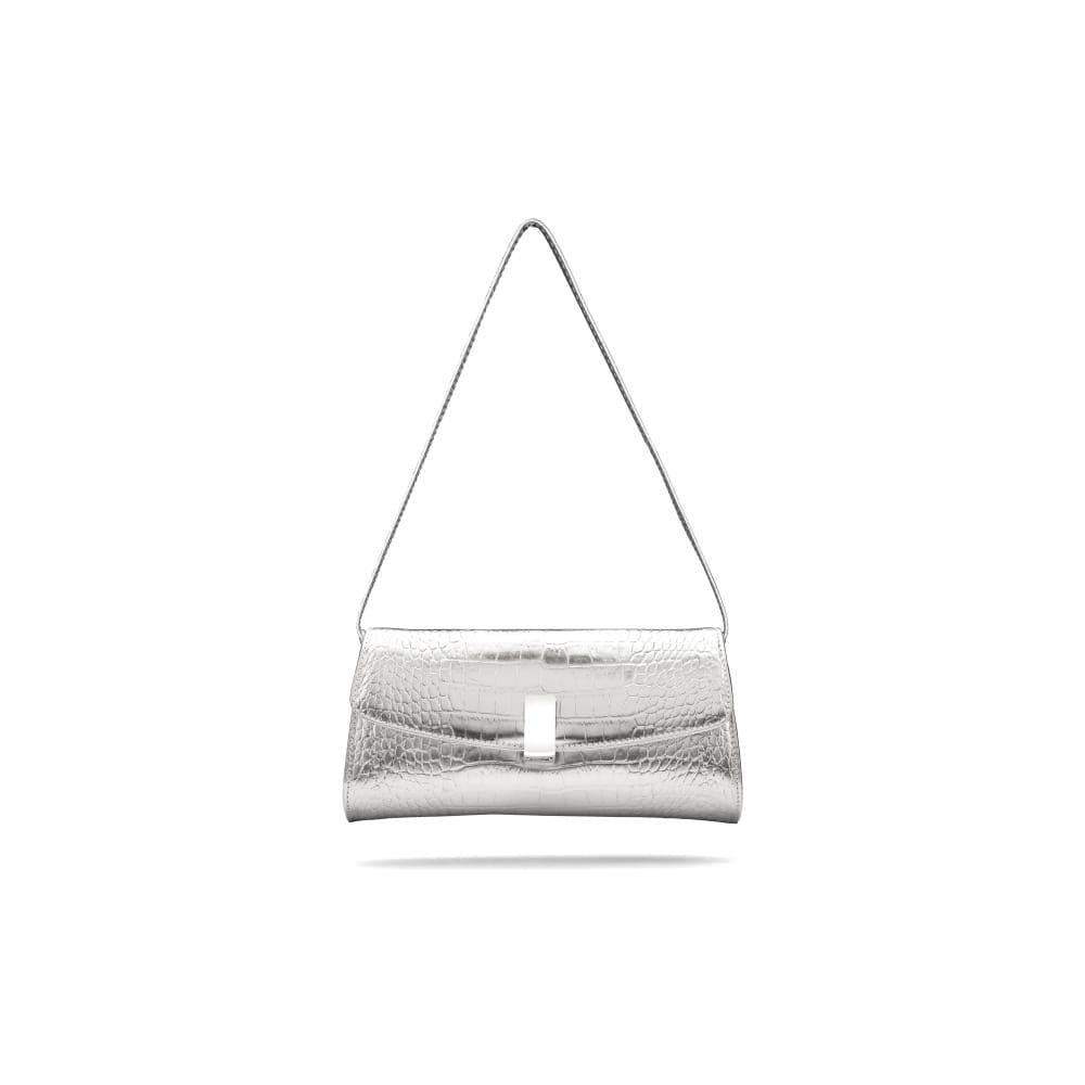 Leather clutch bag, silver croc, with short leather strap