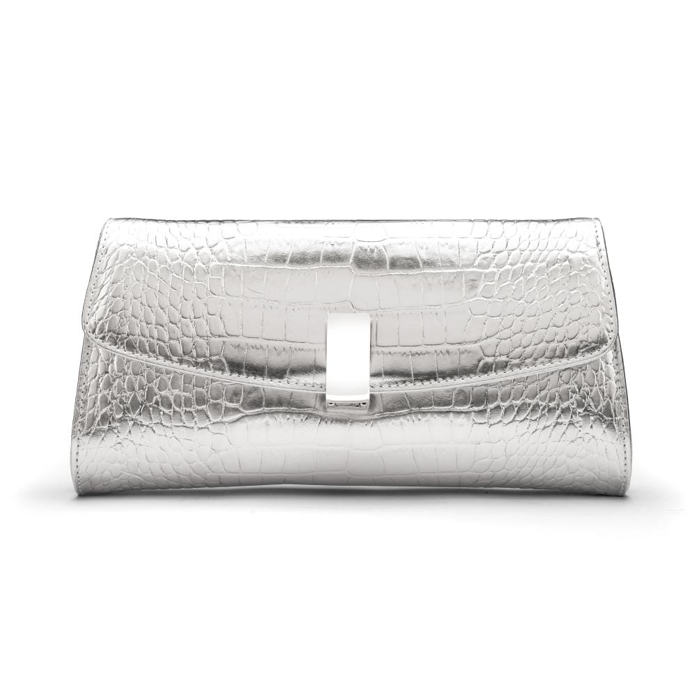 Leather clutch bag, silver croc, front view