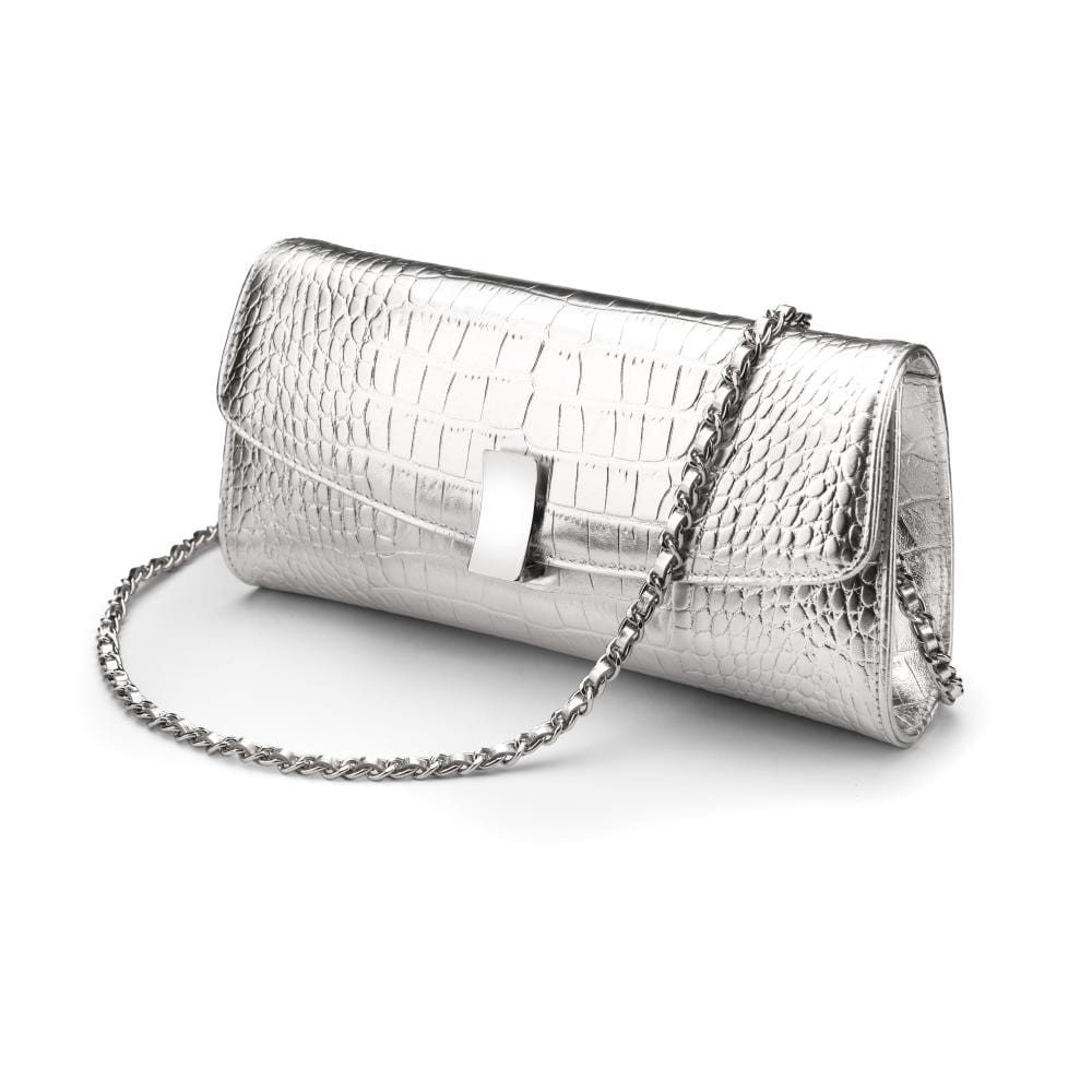 Leather clutch bag, silver croc, with long chain strap