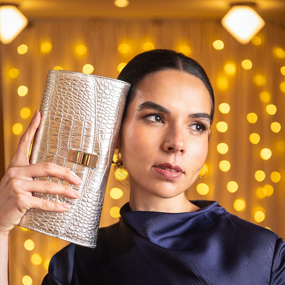 Leather clutch bag, silver croc, lifestyle