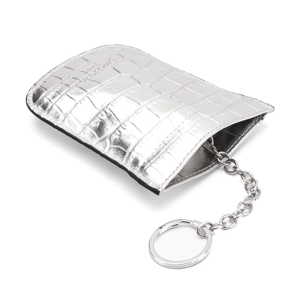 Leather key case with squeeze spring opening, silver croc, with key chain