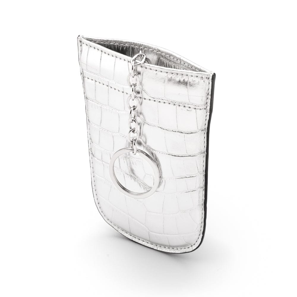 Leather key case with squeeze spring opening, silver croc