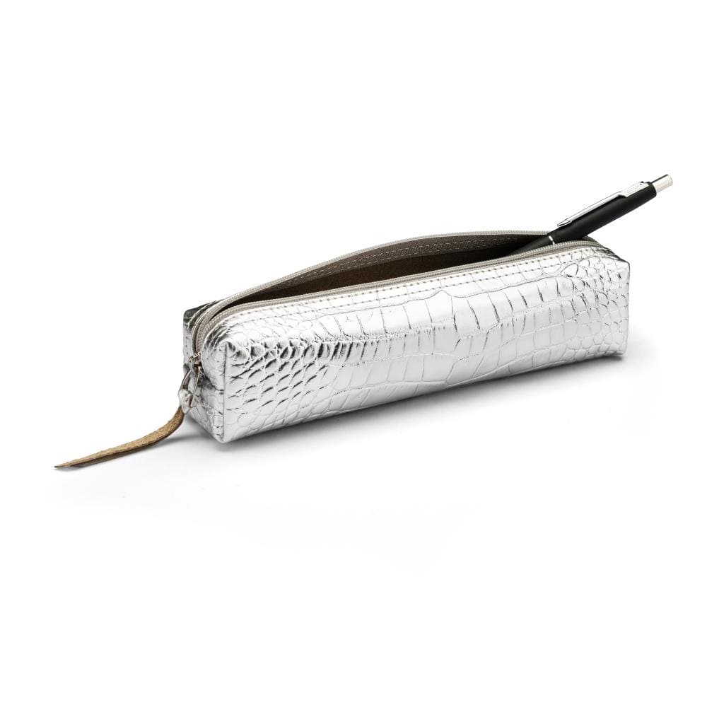 Leather pencil case, silver croc, side