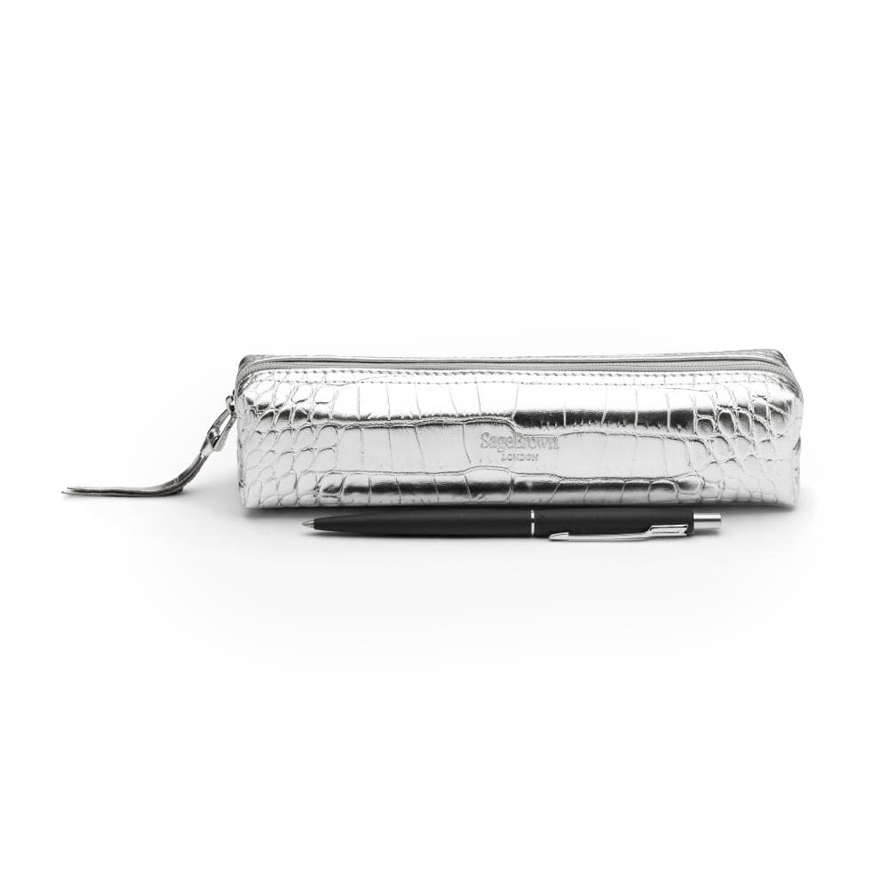 Leather pencil case, silver croc, front