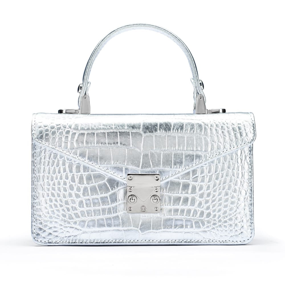 Luxury Leather Maya Top Handle Crossbody Bag, Silver Croc Effect, front