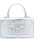 Luxury Leather Maya Top Handle Crossbody Bag, Silver Croc Effect, front