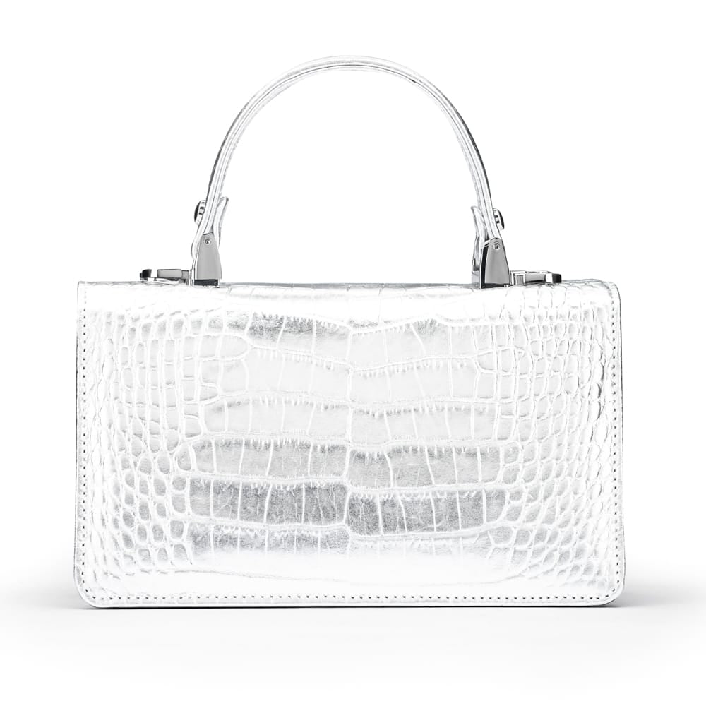 Luxury Leather Maya Top Handle Crossbody Bag, Silver Croc Effect, back