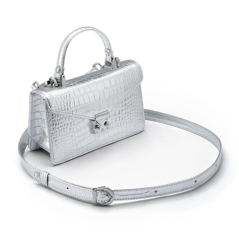 Luxury Leather Maya Top Handle Crossbody Bag, Silver Croc Effect, side