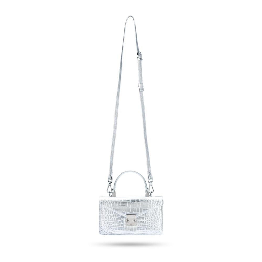 Luxury Leather Maya Top Handle Crossbody Bag, Silver Croc Effect, with long shoulder strap