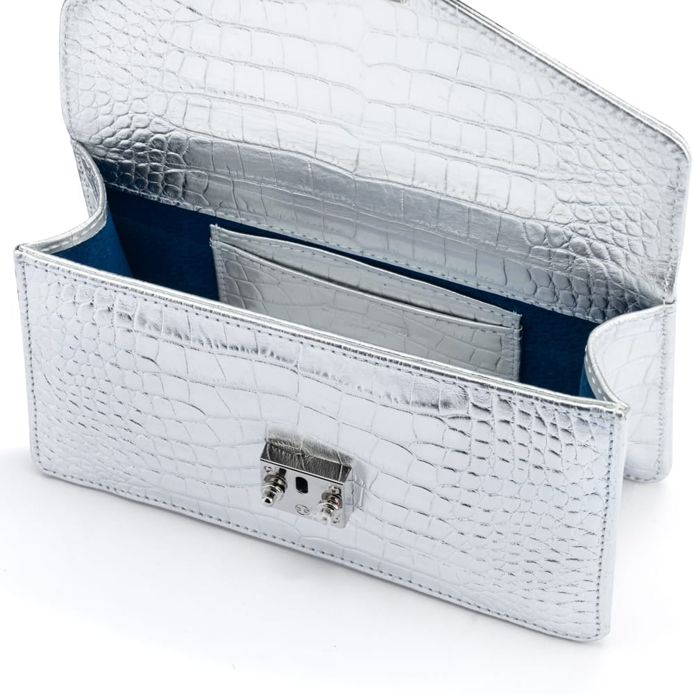 Luxury Leather Maya Top Handle Crossbody Bag, Silver Croc Effect, inside