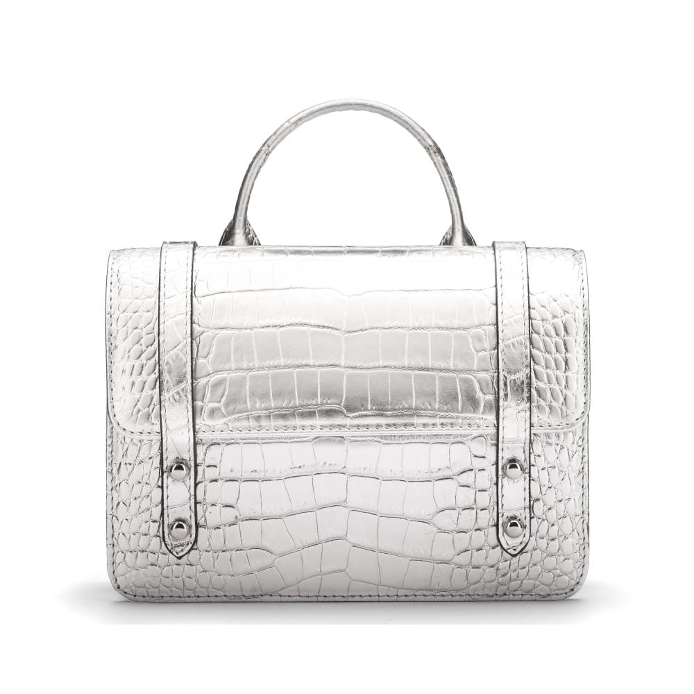 Mini top handle Harmony music bag, silver croc, front view