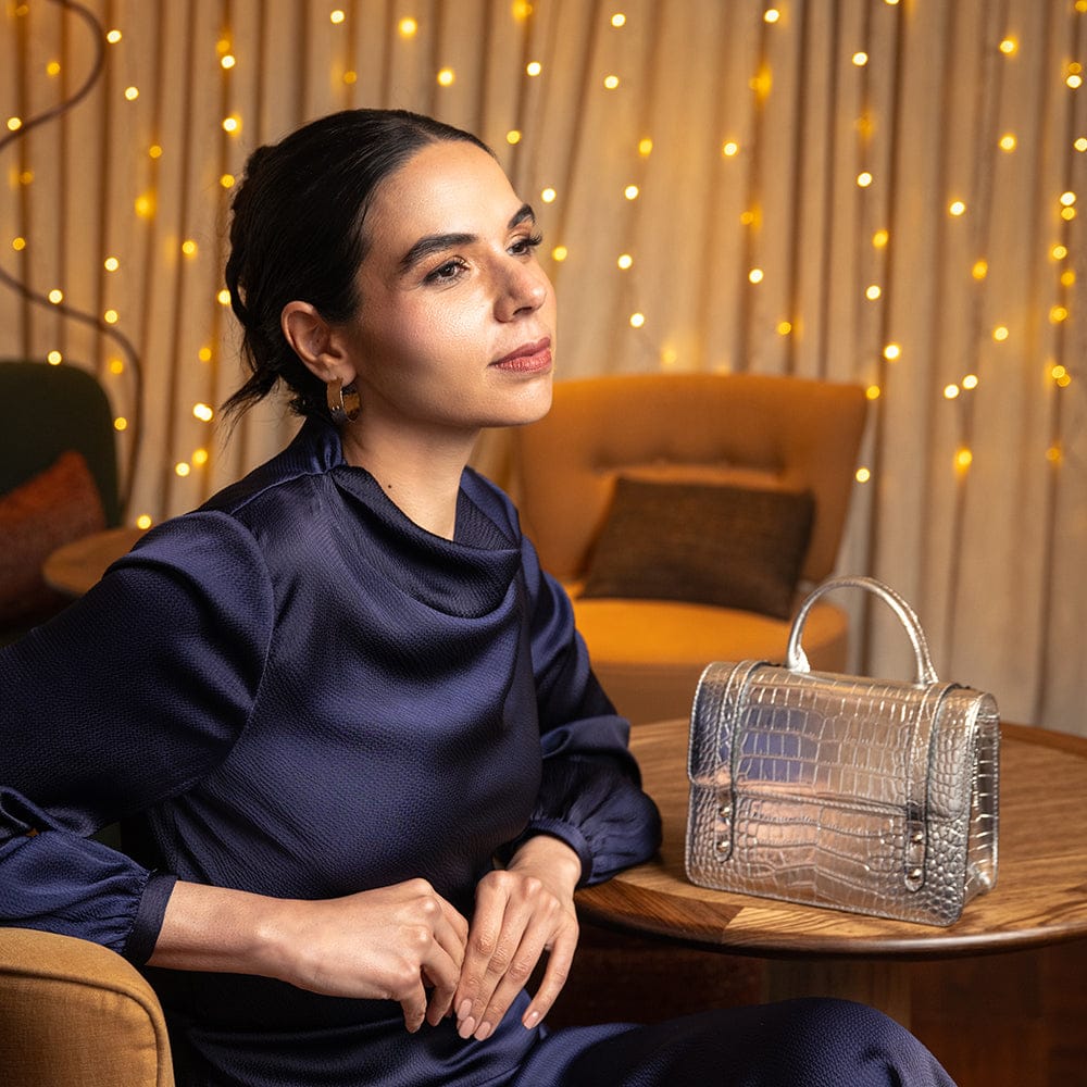 Mini top handle Harmony music bag, silver croc, lifestyle