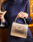 Mini leather Morgan Bag, top handle bag, silver croc, lifestyle