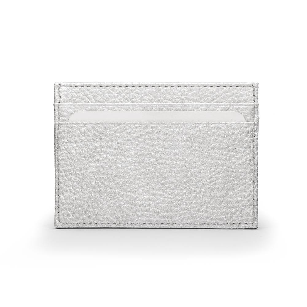 Flat leather credit card wallet 4 CC, silver pebble grain, front