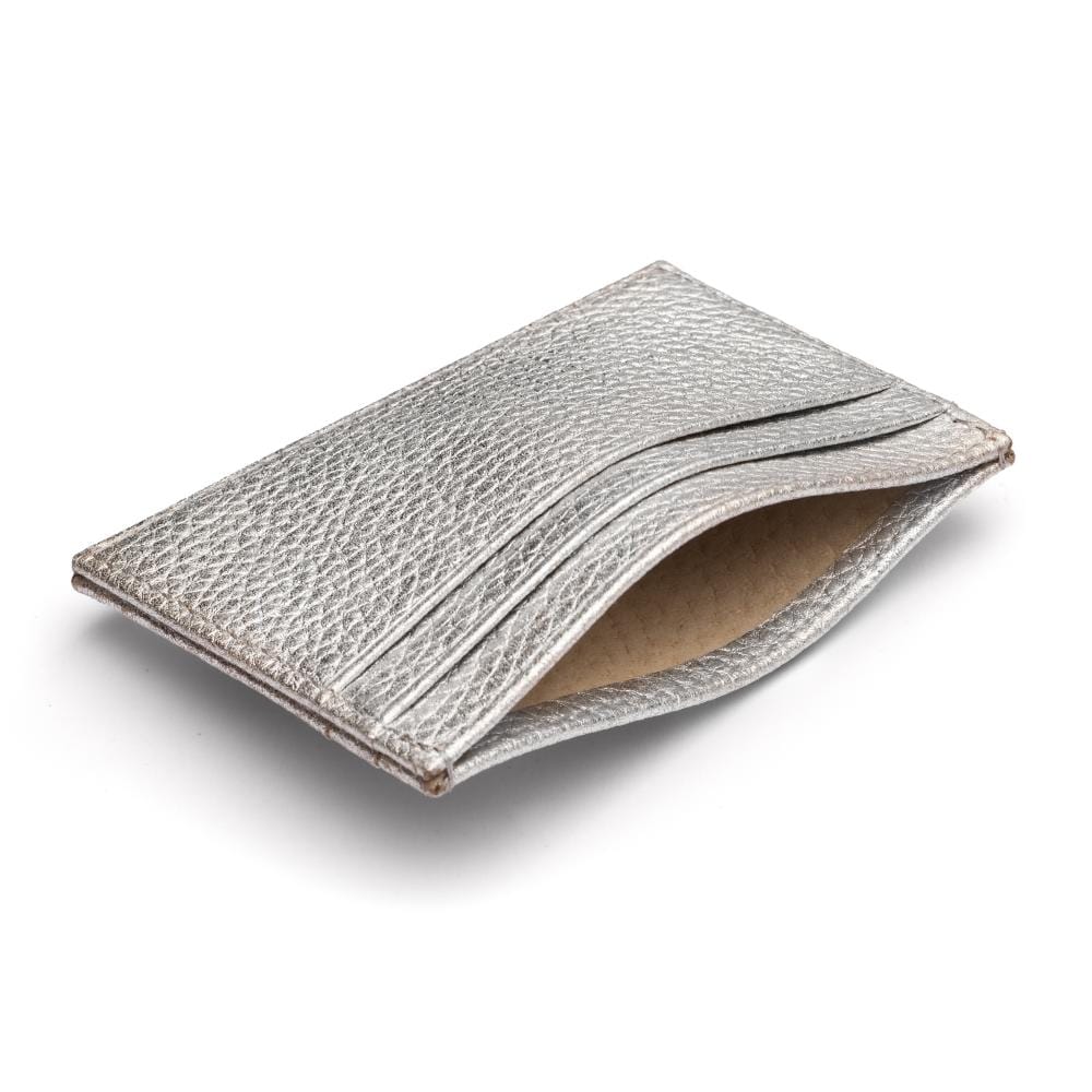 Flat leather credit card wallet 4 CC, silver pebble grain, inside