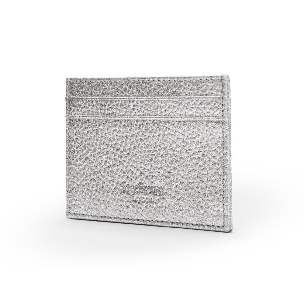 Flat leather credit card wallet 4 CC, silver pebble grain, back