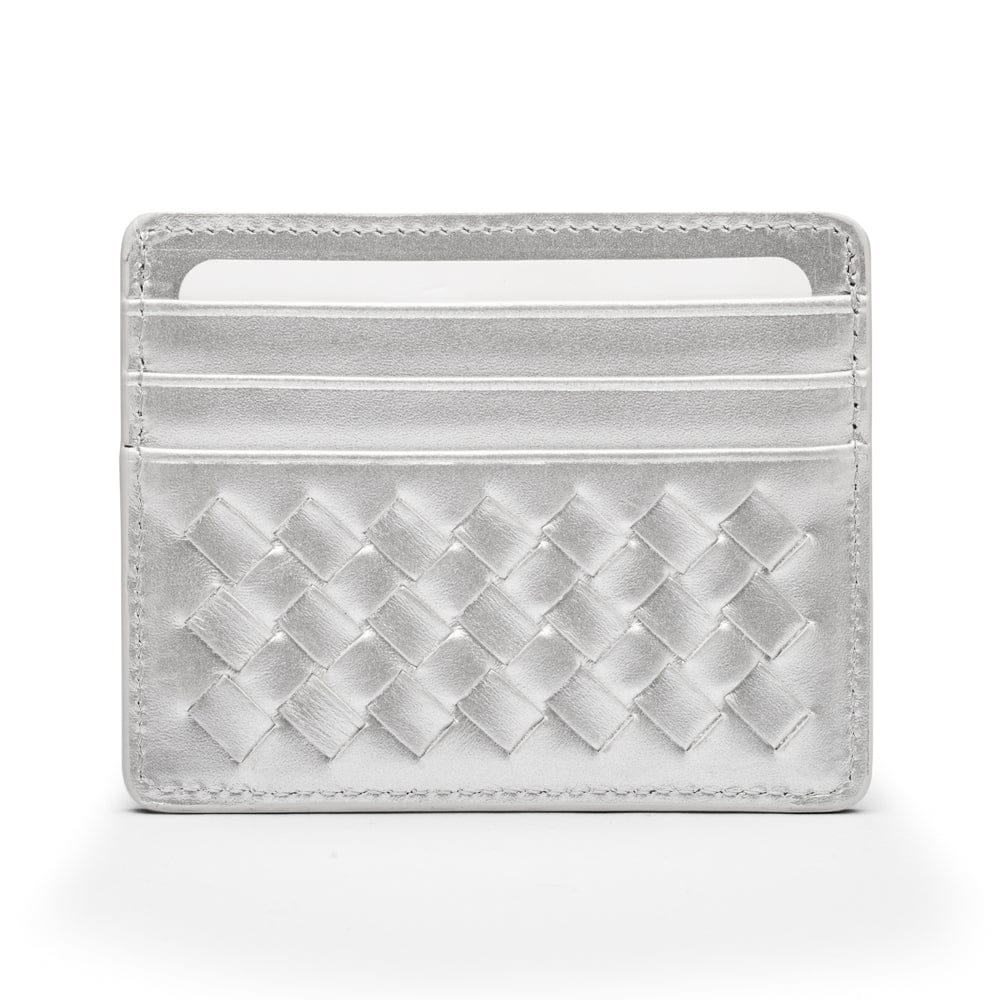 Flat woven leather card holder, silver, front