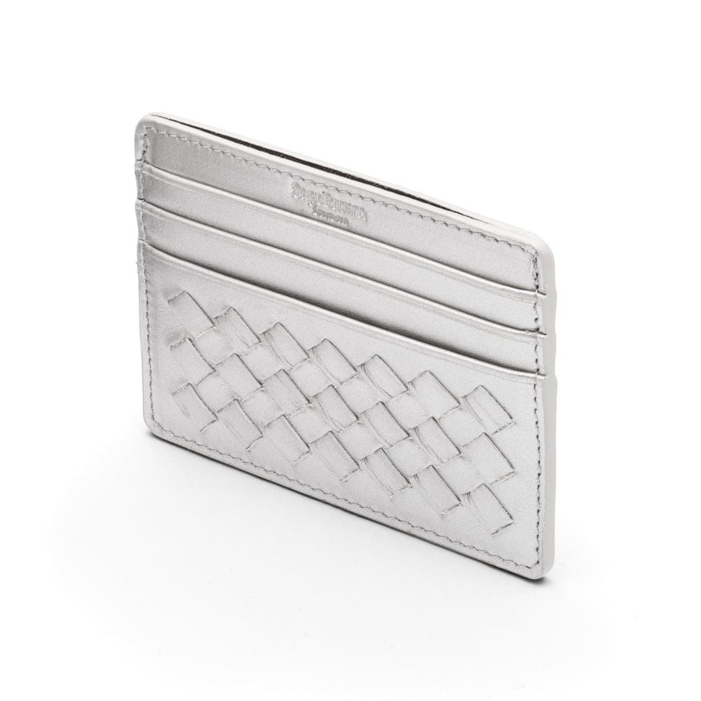 Flat woven leather card holder, silver, back
