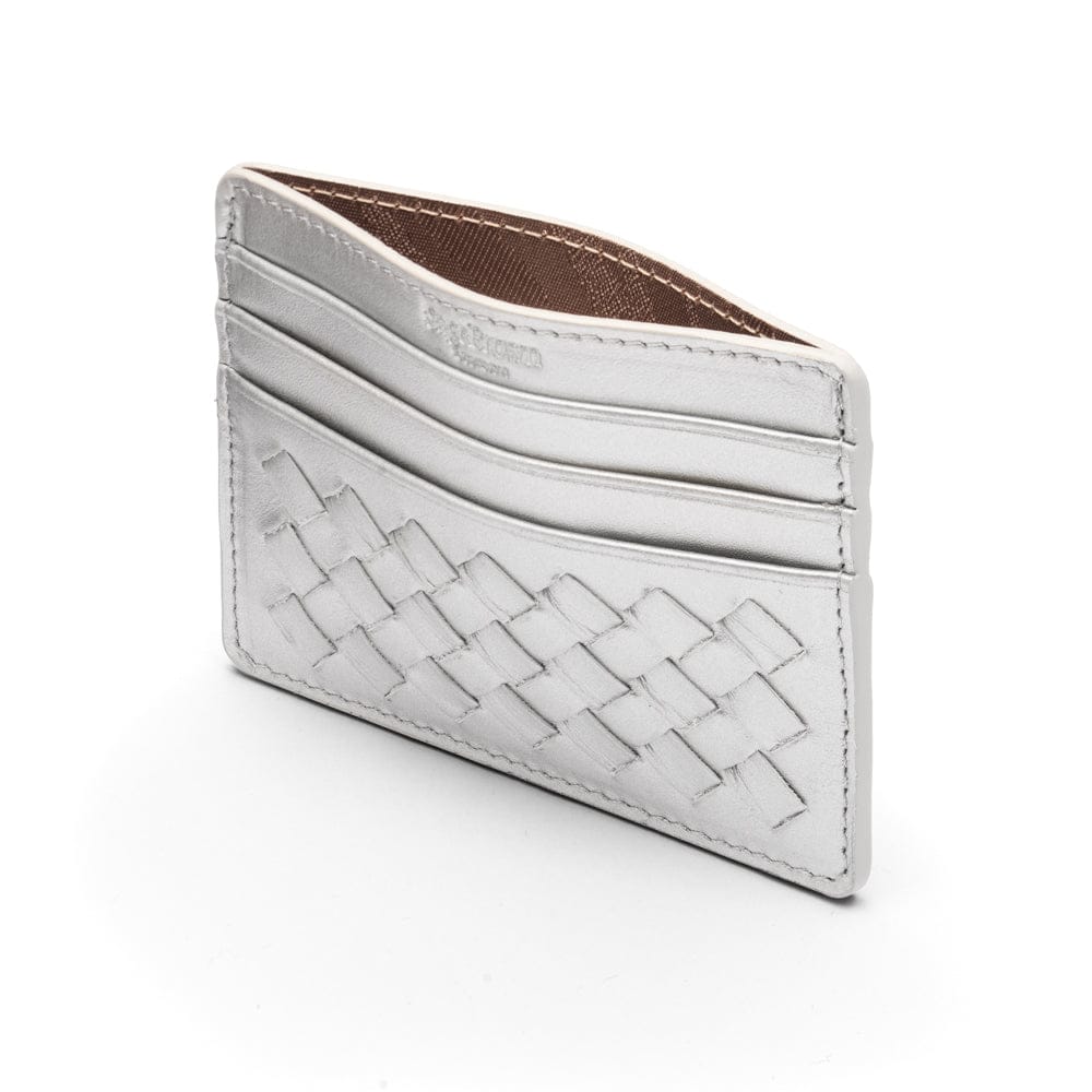 Flat woven leather card holder, silver, open