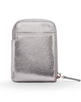 Leather card case with zip, silver, front