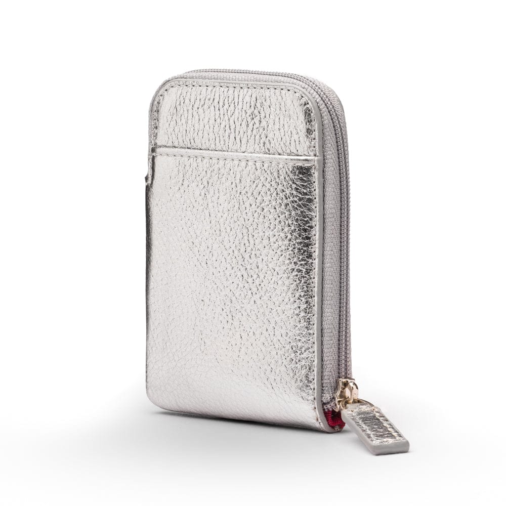 Leather card case with zip, silver, front view