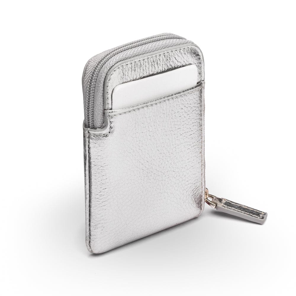 Leather card case with zip, silver, back