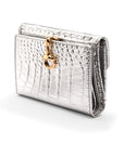 Leather purse with brass clasp, silver croc, front view