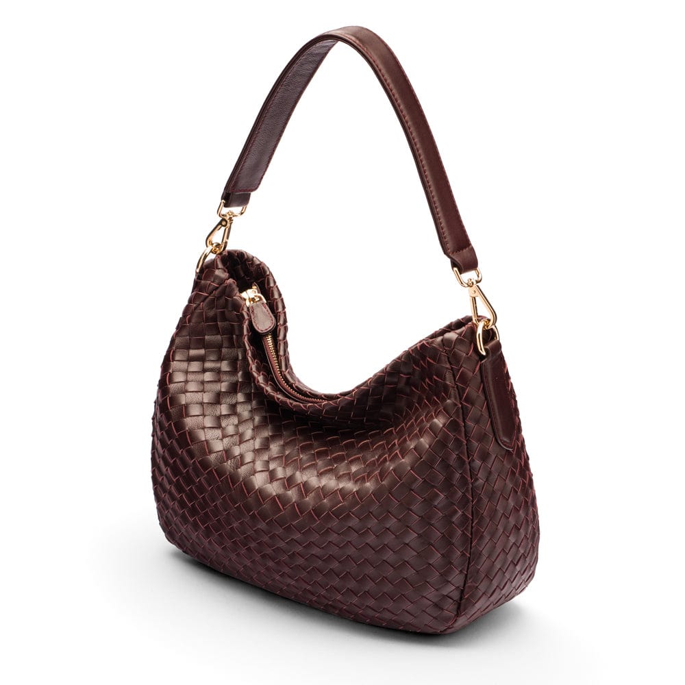 Melissa slouchy leather woven bag with zip closure, burgundy, side