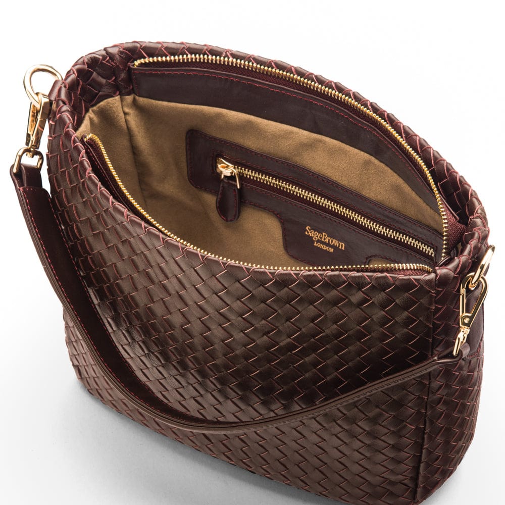 Melissa slouchy leather woven bag with zip closure, burgundy, inside