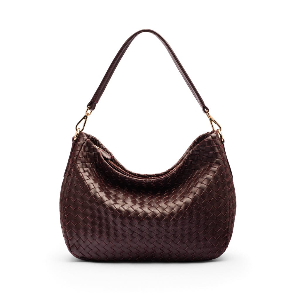 Melissa slouchy leather woven bag with zip closure, burgundy, front