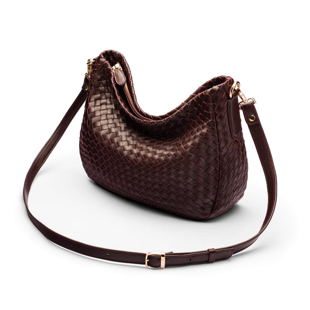 Melissa slouchy leather woven bag with zip closure, burgundy, with long strap
