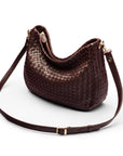 Melissa slouchy leather woven bag with zip closure, burgundy, with long strap