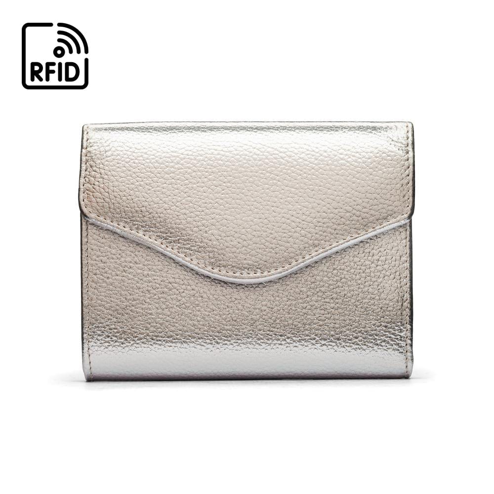 RFID Large leather purse with 15 CC, silver, front