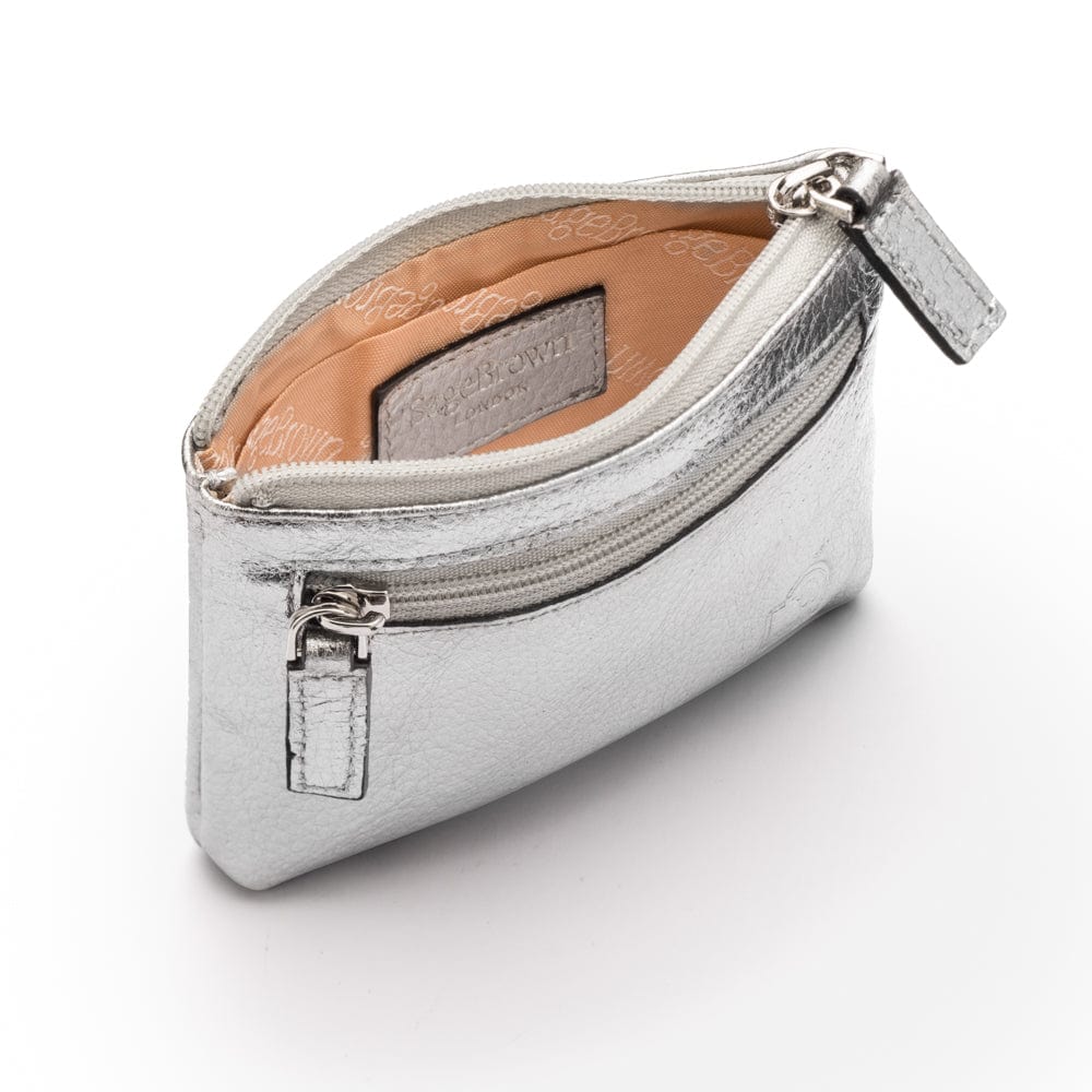 RFID Small leather zip coin pouch, silver pebble grain, open