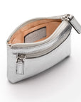 RFID Small leather zip coin pouch, silver pebble grain, open