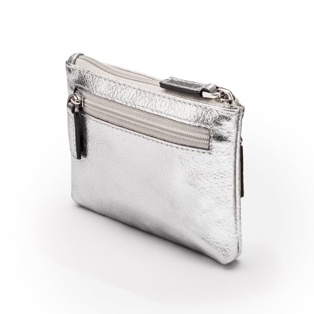 RFID Small leather zip coin pouch, silver pebble grain, front side