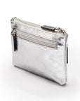 RFID Small leather zip coin pouch, silver pebble grain, front side