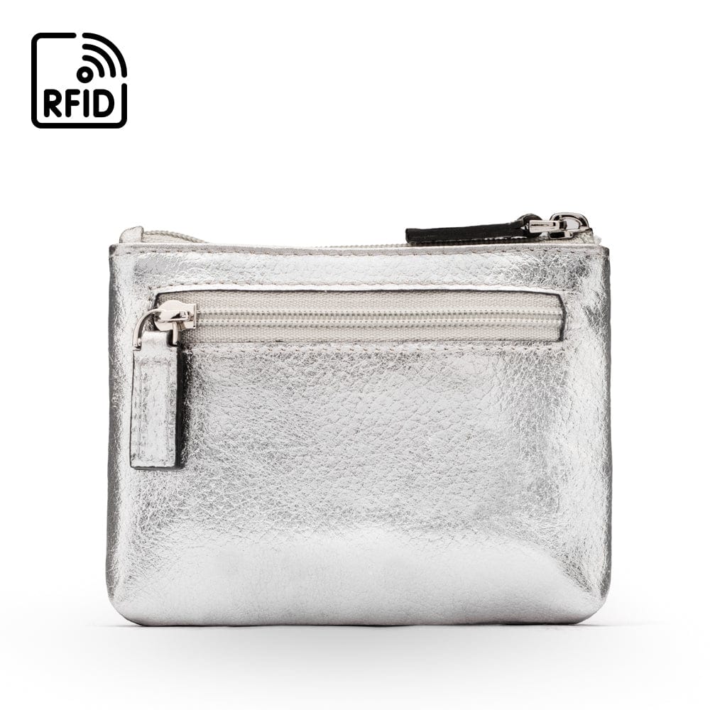 RFID Small leather zip coin pouch, silver pebble grain, front view