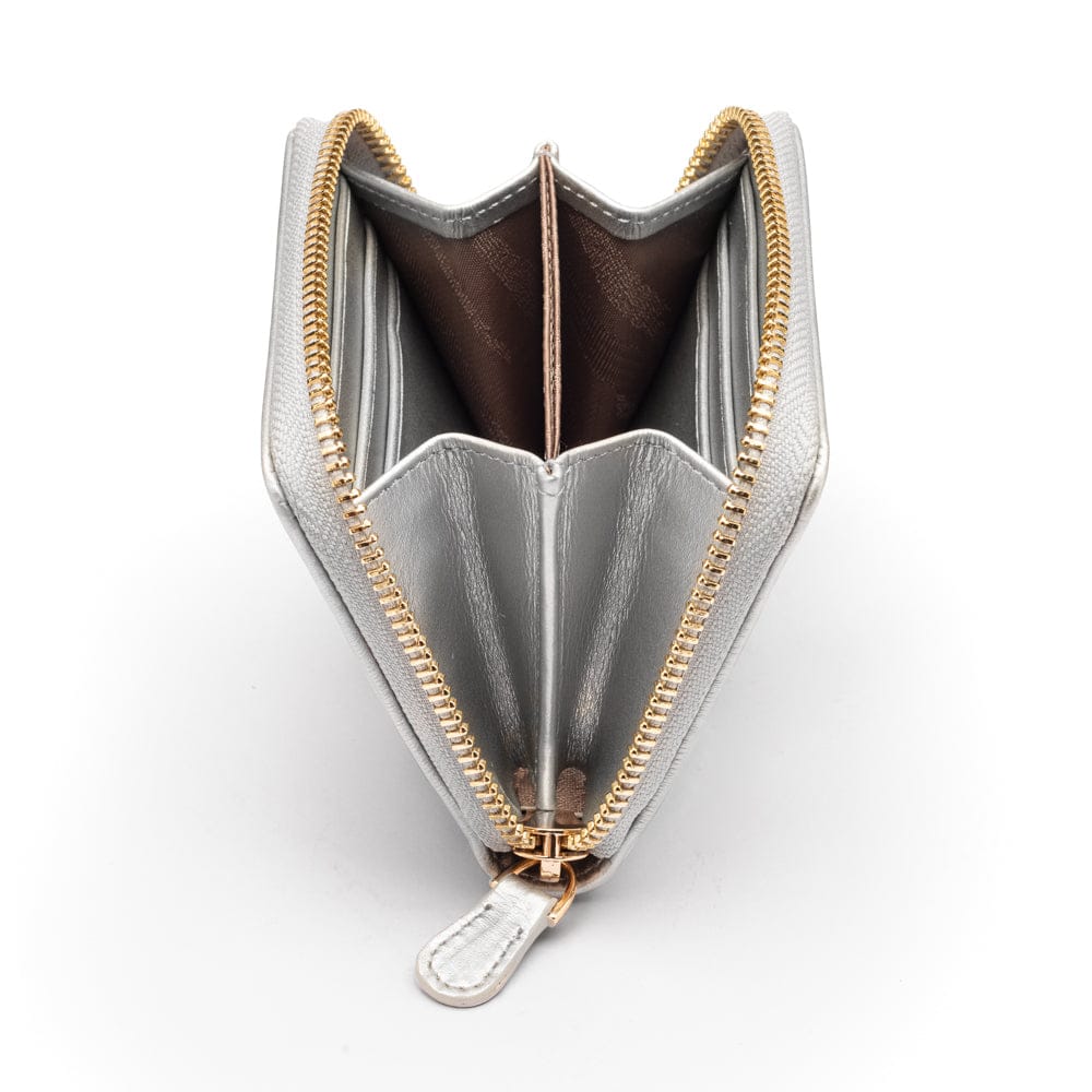 Small zip around woven leather accordion purse, silver, side