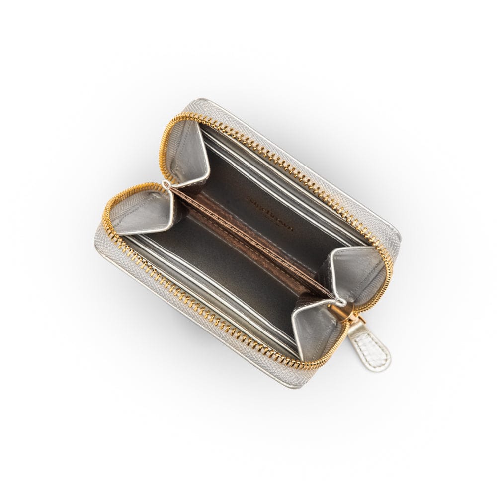 Small zip around woven leather accordion purse, silver, open