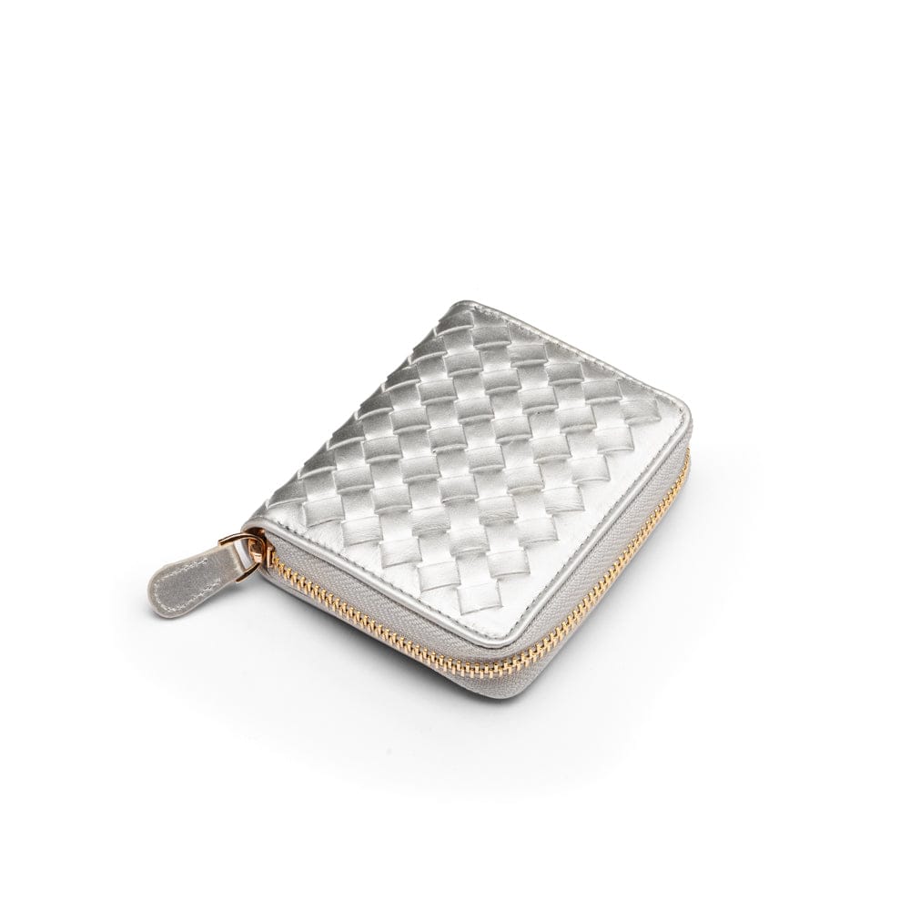 Small zip around woven leather accordion purse, silver, front
