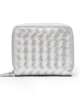 Small zip around woven leather accordion purse, silver, front