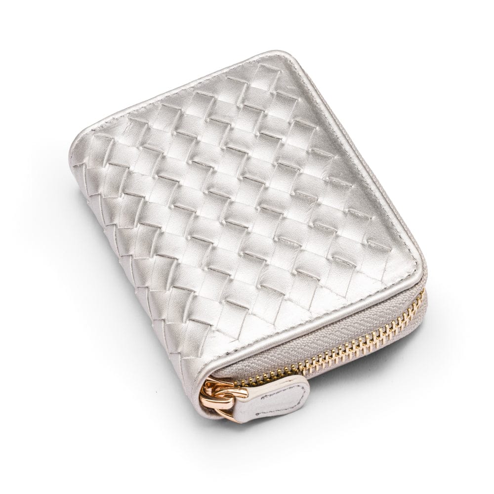 Small zip around woven leather accordion purse, silver